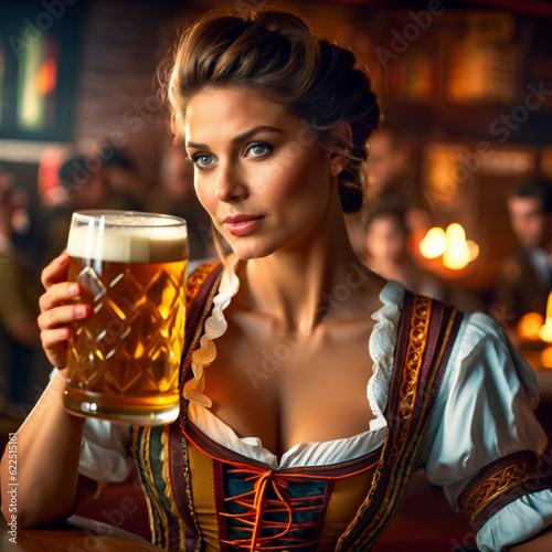 Young sexy Oktoberfest wearing traditional clothes waitress holding beers  AI Generation