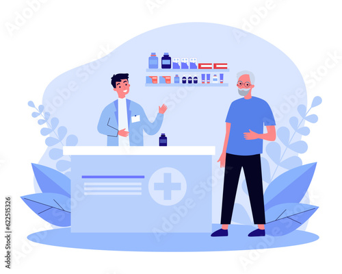 Bearded man buying medication vector illustration. Friendly pharmacist selling pills, consulting and helping customer to choose treatment with prescription. Pharmacy, medicine, health care concept