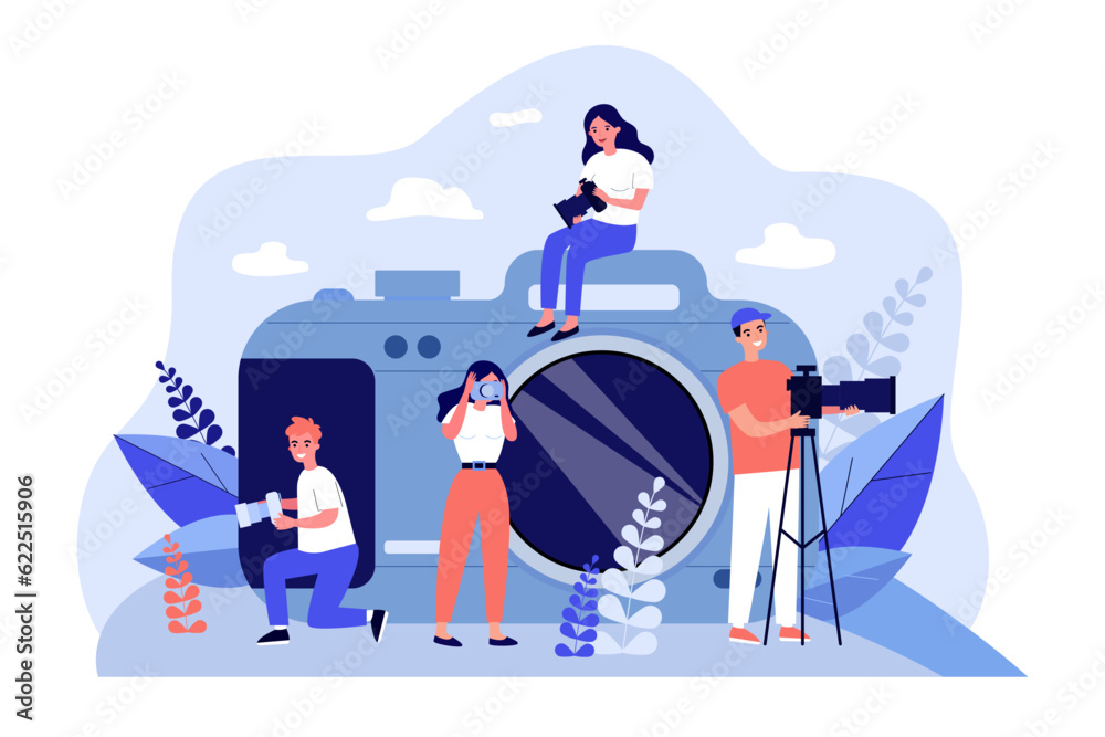 Tiny people with photo camera vector illustration. Happy photographers taking pictures and shooting videos using professional equipment. World photography day, art concept Tiny people with photo camera vector illustration. Happy photographers taking pictures and shooting videos using professional equipment. World photography day, art concept