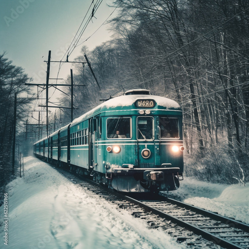 a green train going down tracks in the winter