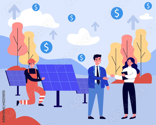 Happy businessman buying solar panels vector illustration. Drawing of man investing in alternative renewable energy source and shaking hands with woman. Investment, sustainability, environment concept