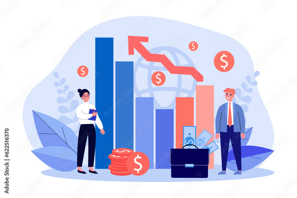 Happy investors analyzing finances vector illustration. Businessmen investing money online, planning retirement, showing business growth on chart. Wealth, stock market, investment concept Happy investors analyzing finances vector illustration. Businessmen investing money online, planning retirement, showing business growth on chart. Wealth, stock market, investment concept
