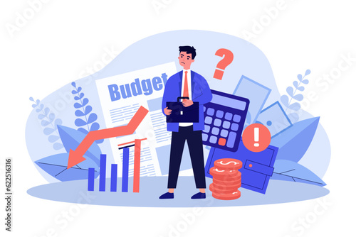 Sad businessman worrying about finances vector illustration. Banks limiting public debt and reducing state budget to avoid default. Recession, banking, rising inflation concept