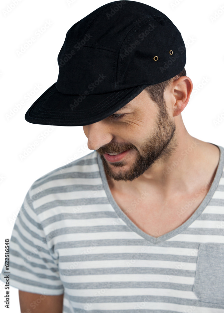Digital png photo of caucasian man wearing black cap with copy space on transparent background Digital png photo of caucasian man wearing black cap with copy space on transparent background