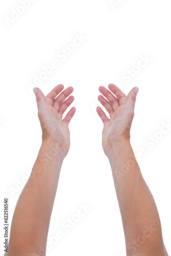 Digital png photo of hands of caucasian man reaching out on transparent background © vectorfusionart