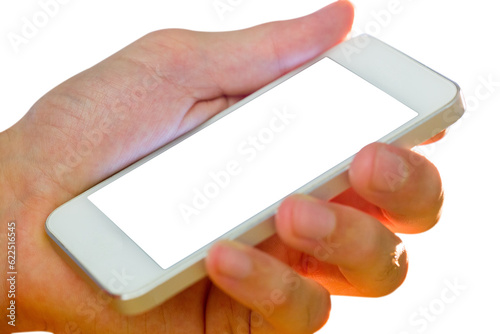 Digital png photo of caucasian hand holding smartphone with copy space on transparent background