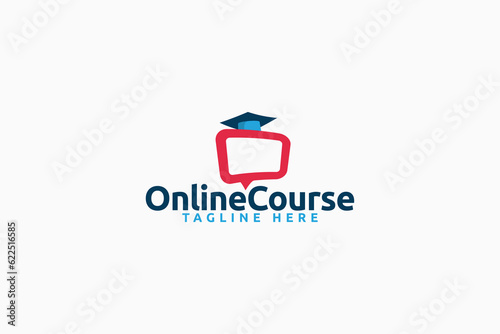 online course logo with a combination of a monitor, graduate cap, and bubble as the icon.