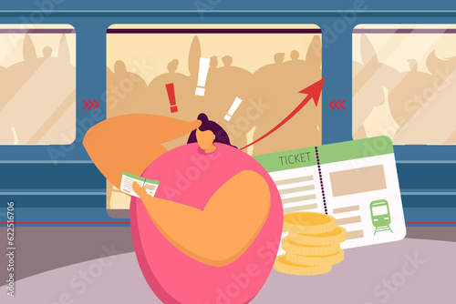 Frustrated woman holding train ticket vector illustration. People using subway at rush hour, shocked by rising prices for public transport. Rising inflation, recession concept