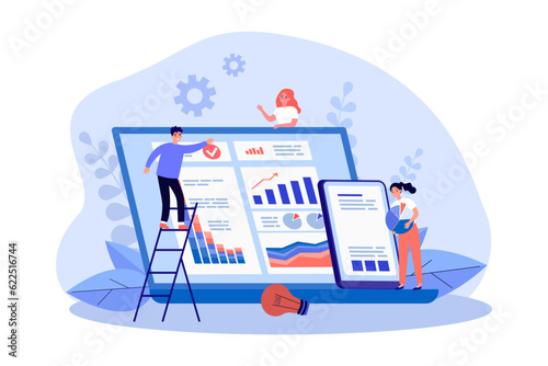 Tiny people collecting data for analysis vector illustration. Office workers calculating finances or managing resources in infographics on computer screen. Data analysis, networking concept