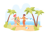 Happy friends surfing together vector illustration. Women in swimsuits having fun on beach, holding surfboard and cocktail, enjoying vacation. Travel, tourism, relaxation concept