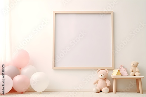 Poster mockup with horizontal frame on empty white wall in modern baby child bedroom with balloons table and stuffed toy