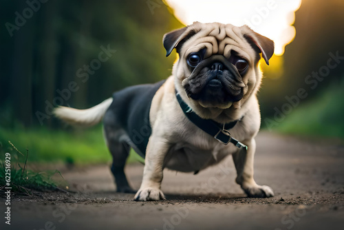 A pug dog on a dirt road with a green background