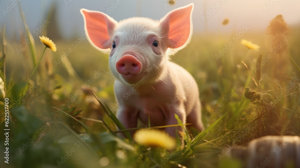 Fototapeta premium Cute pig enjoying the green grass in a farm field