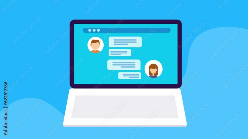 Online live chat app on laptop screen, users having conversation communication technology. Sending message digital media concept. Video animation.