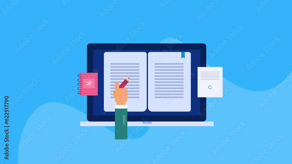 Ebook on laptop monitor, online education and digital study courses. E-learning with internet connection. Video animation. Ebook on laptop monitor, online education and digital study courses. E-learning with internet connection. Video animation.