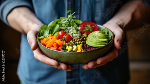 Person holding a bowl of fresh fruits and vegetables