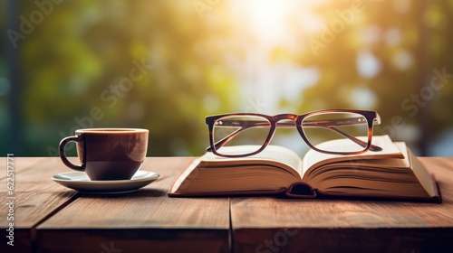 Open book and a cup of coffee on a wooden table