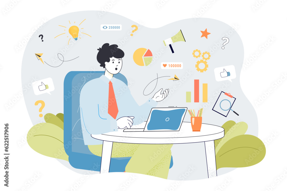 Shocked businessman working on laptop vector illustration. Man analyzing sales, marketing, project management, networking and partnership in infographics. Business development, success concept Shocked businessman working on laptop vector illustration. Man analyzing sales, marketing, project management, networking and partnership in infographics. Business development, success concept