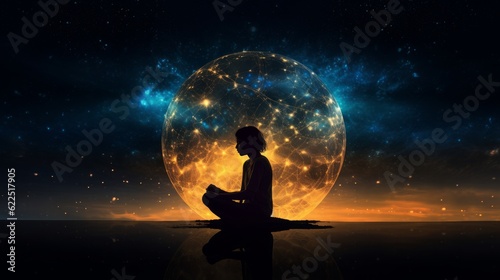 Person meditating in front of a full moon