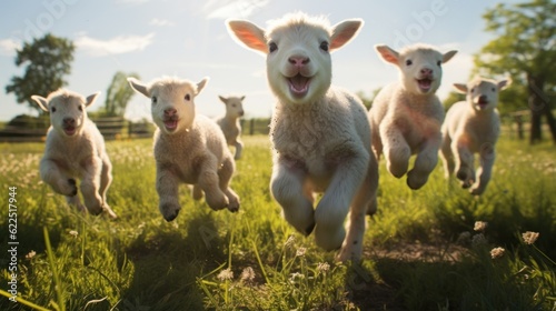 Flock of sheep running across a vibrant green field on a farm