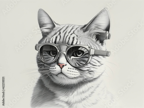 Cat wearing sunglass black and white sketch