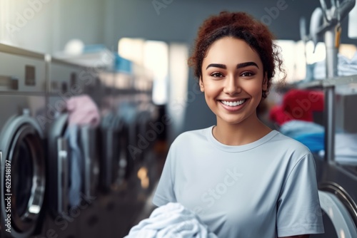 Smiling young beautiful woman posing at a laundromat 