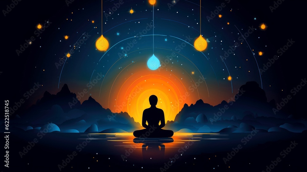 Human meditate, yoga. Psychic human considers mind and heart. Spirituality, esotericism, universe, cartoon style, Generative AI illustration Human meditate, yoga. Psychic human considers mind and heart. Spirituality, esotericism, universe, cartoon style, Generative AI illustration