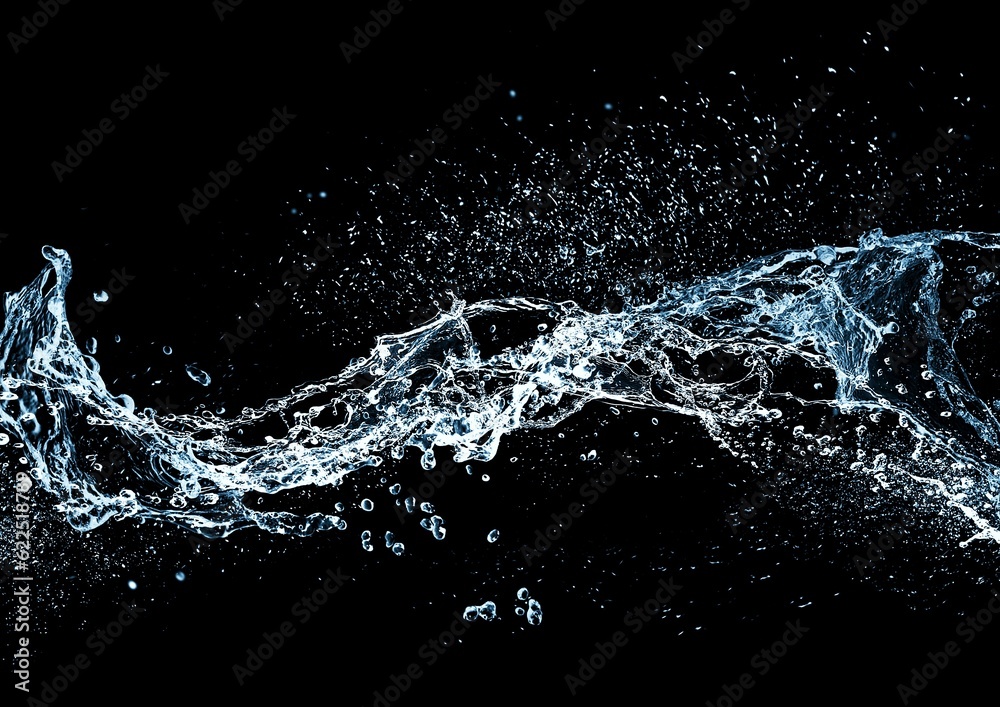 黒背景に飛び散る水しぶきの3dイラスト