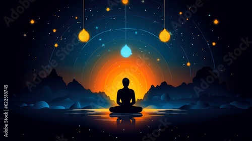 Human meditate, yoga. Psychic human considers mind and heart. Spirituality, esotericism, universe, cartoon style, Generative AI illustration