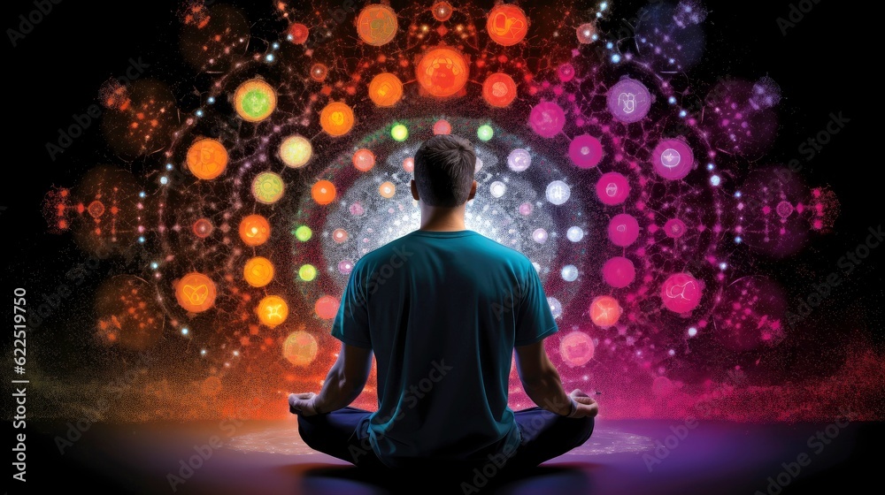 Man meditate, yoga. Psychic man considers mind and heart. Spirituality, esotericism, with bokeh defocused lights. universe, Generative AI illustration Man meditate, yoga. Psychic man considers mind and heart. Spirituality, esotericism, with bokeh defocused lights. universe, Generative AI illustration
