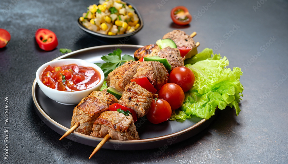 Healthy barbecued lean cubed pork kebabs served with a corn tortilla and fresh lettuce and tomato salad, close up view on a dark background