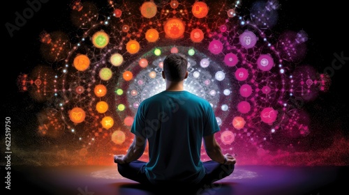Man meditate, yoga. Psychic man considers mind and heart. Spirituality, esotericism, with bokeh defocused lights. universe, Generative AI illustration
