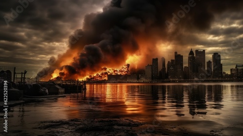 Burning city street lifeless apocalyptic scene