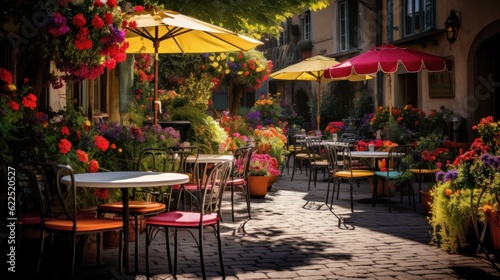 Vibrant outdoor patio with colorful tables  chairs  and umbrellas
