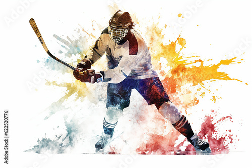 Illustration of a hockey player with full gear with a splash of color photo
