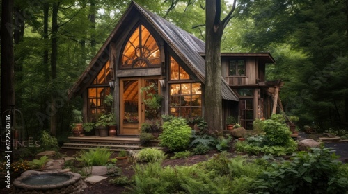 Exterior view of a rustic tiny house surrounded by green foliage in an outdoor setting.