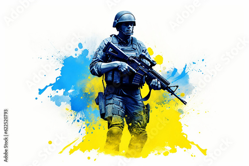 illustration of an Ukraine Soldier with a splash of Ukraine flag colors in the background