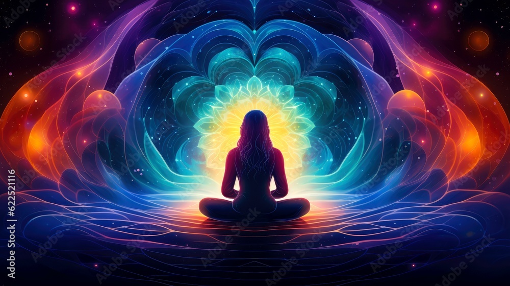Human meditate, yoga. Psychic human considers mind and heart. Spirituality, esotericism, universe, cartoon style, Generative AI illustration Human meditate, yoga. Psychic human considers mind and heart. Spirituality, esotericism, universe, cartoon style, Generative AI illustration