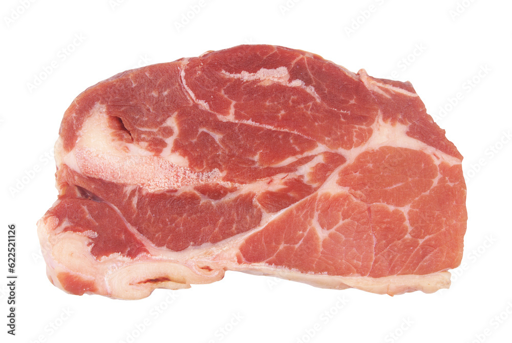 Top view of raw beef slice isolated on white background.