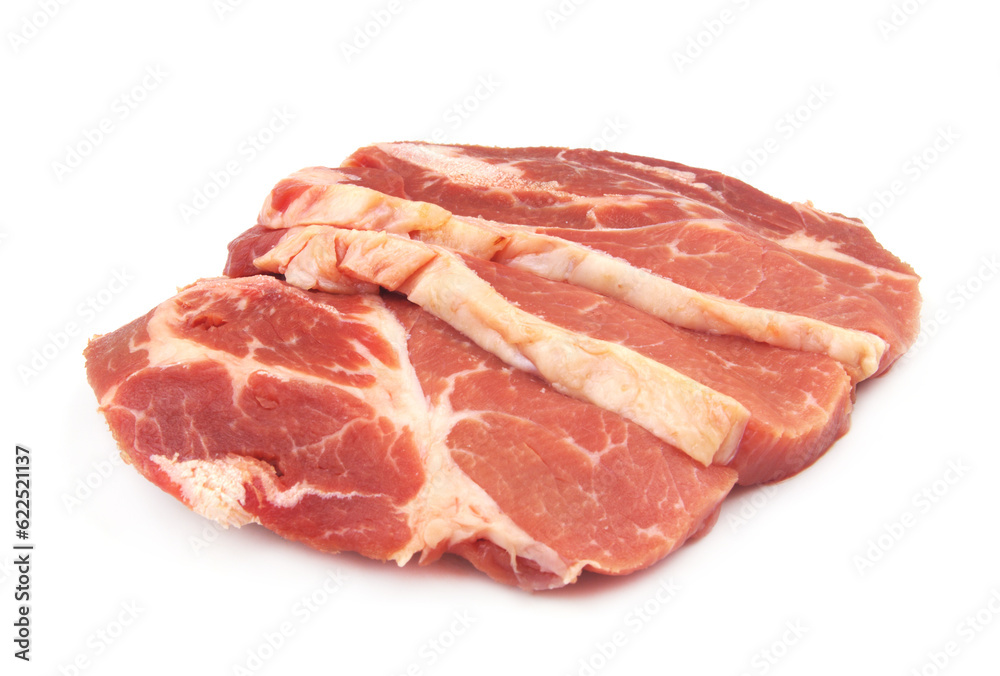 Three raw beef slices isolated on white background. Three raw beef slices isolated on white background.
