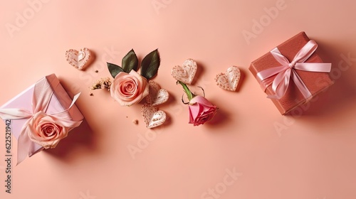 Valentine day banner design of Gift box and pink flowers on pink pastel background