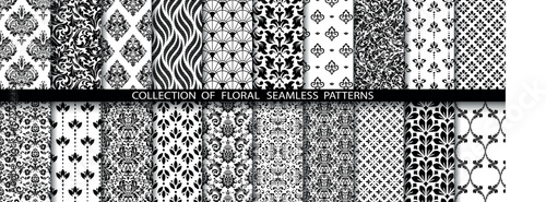 Geometric floral set of seamless patterns. White and black vector backgrounds. Damask graphic ornaments.