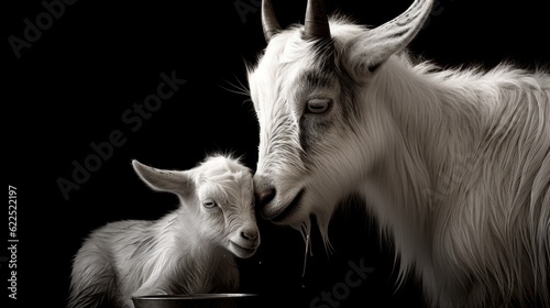 Mother goat and baby goat in black and white