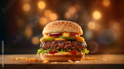 burger or hamburger with grilled beef, cheese and well decorative with fresh ingredients, food photography with restaurant lighting background collection of fast food theme