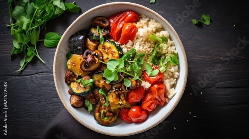 Delicious and healthy bowl of rice and vegetables on a rustic wooden table