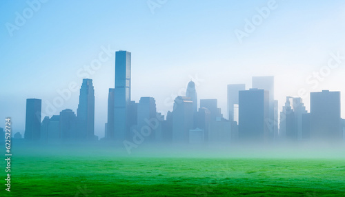 city skyline in the morning with grass field