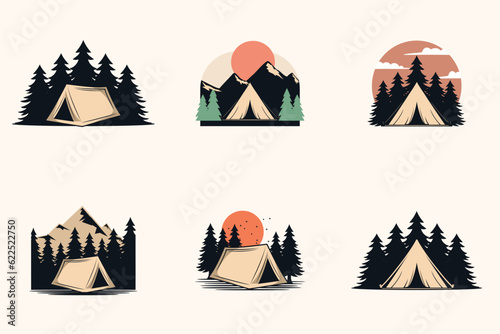 Camping summer collection vector graphic template outdoor adventure campfire set illustration