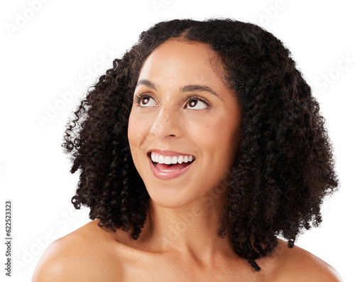 Smile, natural skincare and woman isolated on transparent png background for luxury facial cosmetics. Beauty, dermatology and happy latino model with aesthetic skin care glow, confidence and afro.