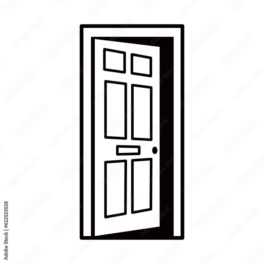 Door icon. Open silhouette of door to house isolated on white background. Door icon. Open silhouette of door to house isolated on white background.