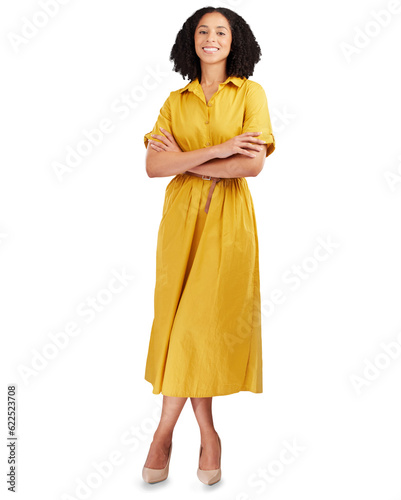 Happy, arms crossed and portrait of business woman on png for creative, designer and professional. Smile, empowerment and pride with female employee isolated on transparent background for startup